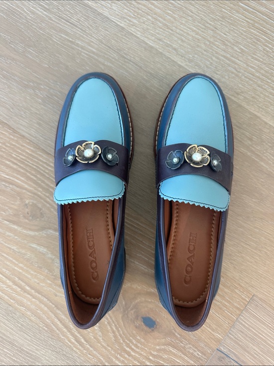 Coach Shoes - Coach Two-Tone Light Blue and Dark Blue Leather Flower-Trim Loafers